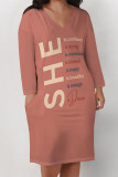 Coral Powder Casual Street Letter Print Pocket Contrast V Neck Printed Plus Size Dresses