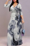Grey Street Elegant Striped Print Gradient Lace Up Contrast V Neck Printed Dresses