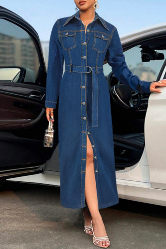 Deep Blue Casual Buttons With Belt Turndown Collar Long Sleeve Denim Maxi Dresses