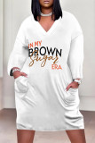 Coral Powder Casual Street Letter Print Pocket Contrast V Neck Printed Plus Size Dresses