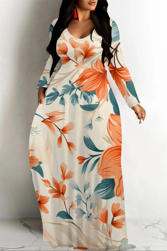 Light Orange Casual Floral Print O Neck Long Sleeve Floor Length Loose Vacation Baggy Maxi Dress