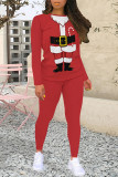 Red Casual Street Santa Claus Print Letters O Neck Long Sleeve Two Pieces