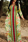 Earth Yellow Casual Floral Print O Neck Long Sleeve Floor Length Loose Vacation Baggy Maxi Dress