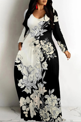 Black And White Casual Floral Print O Neck Long Sleeve Floor Length Loose Vacation Baggy Maxi Dress