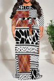 Blue Casual Geometric Print Lace Up Contrast O Neck Printed Plus Size Dresses