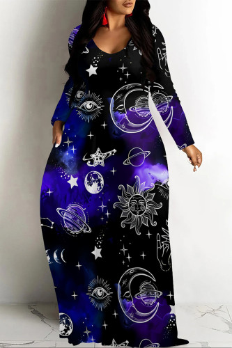Black Purple Casual Street Geometric Print The stars Pocket Contrast V Neck Printed Dresses