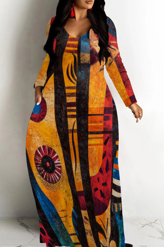 Orange Red Casual Boho Graphcis Print O Neck Long Sleeve Floor Length Loose Vacation Baggy Maxi Dress