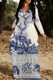 Earth Yellow Casual Floral Print O Neck Long Sleeve Floor Length Loose Vacation Baggy Maxi Dress