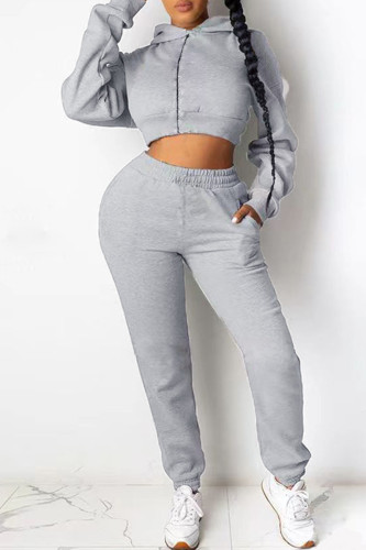 Grey Casual Zipper Collar Pocket Long Sleeve Crop Sweatshirt And Pants Sportwear Plus Size Two Pieces Jogger Sets