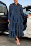Deep Blue Casual Turndown Collar Long Sleeve Ruffle Tiered Hem Buttons Denim Maxi Dresses