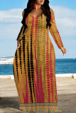 Earth Yellow Casual Floral Print O Neck Long Sleeve Floor Length Loose Vacation Baggy Maxi Dress