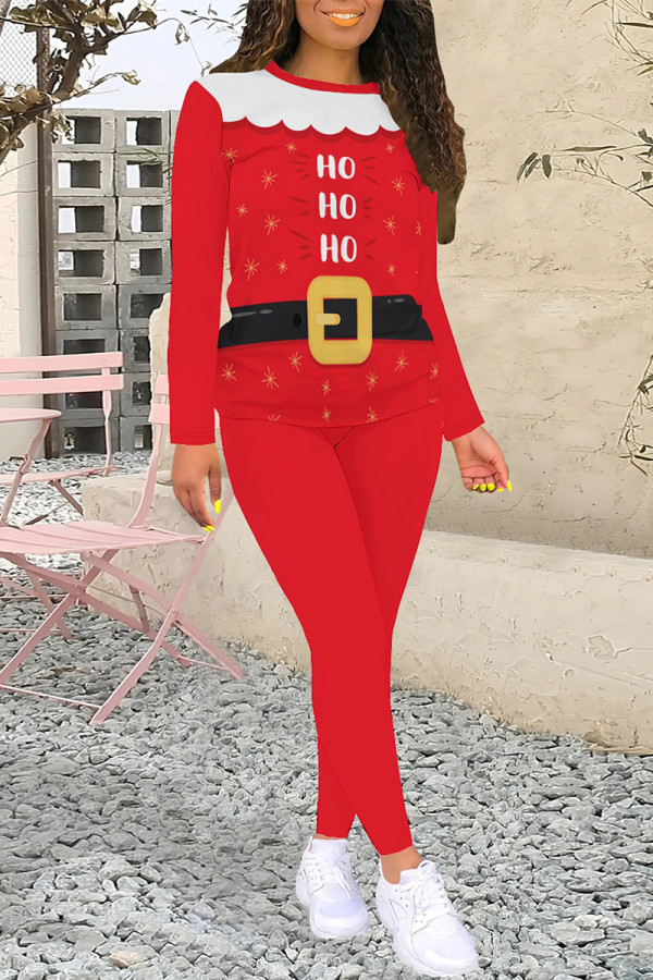 White Red Casual Street Santa Claus Print Letters O Neck Long Sleeve Two Pieces