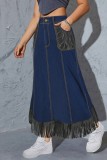 Deep Blue Casual Pocket Fringed Hem High Waist Denim Maxi Skirts