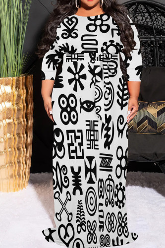 Black And White Casual Boho Graphcis Print O Neck 3/4 Sleeve Floor Length Long Plus Size Maxi Dresses