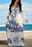 Earth Yellow Casual Floral Print O Neck Long Sleeve Floor Length Loose Vacation Baggy Maxi Dress