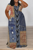 Dark Blue Casual Faux Denim Print Long Sleeve Floor Length Loose Vacation Baggy Maxi Dress