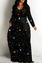 Black Casual Street Geometric Print The stars Pocket Contrast V Neck Printed Dresses