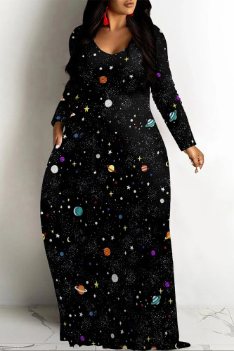 Black Casual Street Geometric Print The stars Pocket Contrast V Neck Printed Dresses