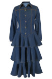 Deep Blue Casual Turndown Collar Long Sleeve Ruffle Tiered Hem Buttons Denim Maxi Dresses