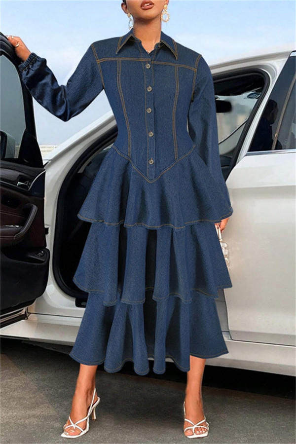 Deep Blue Casual Turndown Collar Long Sleeve Ruffle Tiered Hem Buttons Denim Maxi Dresses