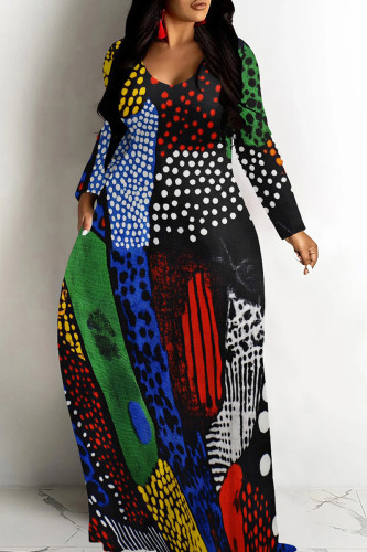 Turquoise Casual Boho Graphcis Print O Neck Long Sleeve Floor Length Loose Vacation Baggy Maxi Dress