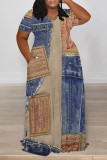 Dark Blue Casual Faux Denim Print Long Sleeve Floor Length Loose Vacation Baggy Maxi Dress