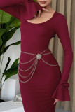 Red Elegant Solid Color Patchwork Flower Shape U Neck Long Dresses