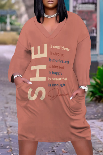 Coral Powder Casual Street Letter Print Pocket Contrast V Neck Printed Plus Size Dresses