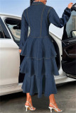 Deep Blue Casual Turndown Collar Long Sleeve Ruffle Tiered Hem Buttons Denim Maxi Dresses