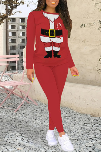 Red White Casual Street Santa Claus Print Letters O Neck Long Sleeve Two Pieces