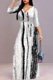 Grey Street Elegant Striped Print Gradient Lace Up Contrast V Neck Printed Dresses