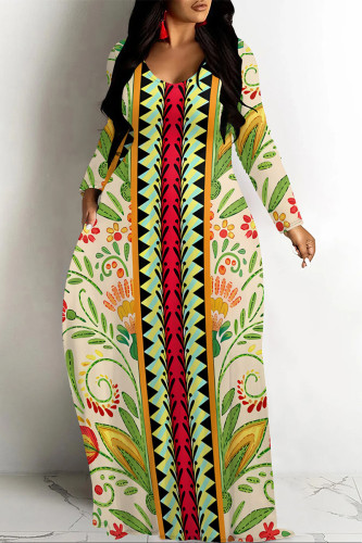Light Green Casual Floral Print O Neck Long Sleeve Floor Length Loose Vacation Baggy Maxi Dress