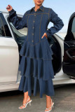 Deep Blue Casual Turndown Collar Long Sleeve Ruffle Tiered Hem Buttons Denim Maxi Dresses