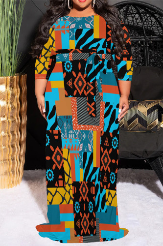 Blue Casual Geometric Print Lace Up Contrast O Neck Printed Plus Size Dresses