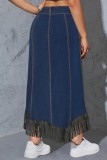 Deep Blue Casual Pocket Fringed Hem High Waist Denim Maxi Skirts