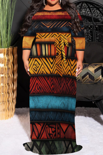 Red Blue Casual Boho Graphcis Print O Neck 3/4 Sleeve Floor Length Long Plus Size Maxi Dresses