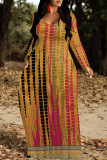 Earth Yellow Casual Floral Print O Neck Long Sleeve Floor Length Loose Vacation Baggy Maxi Dress