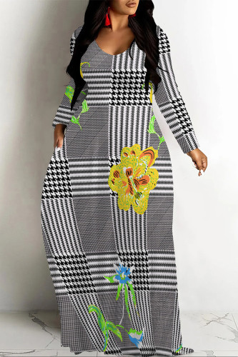Black And White Casual Vacation Colorblock Plaid Ombre Print Pocket Contrast V Neck Printed Dresses