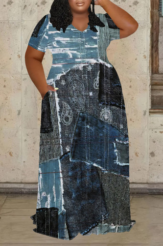 Dark Blue Casual Street Faux Denim Print Pocket Contrast V Neck Printed Plus Size Dresses