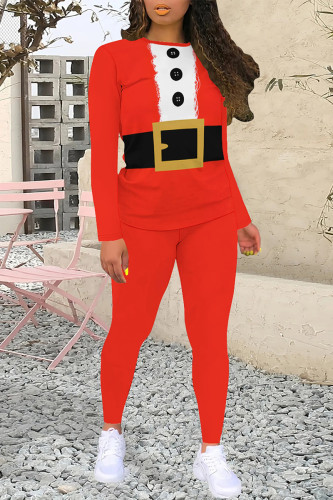 Red White Casual Wapiti Santa Claus Letter Print O Neck Long Sleeve Two Pieces