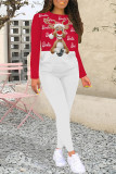 White Red Casual Wapiti Santa Claus Letter Print O Neck Long Sleeve Two Pieces