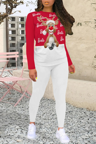 White Red Casual Wapiti Santa Claus Letter Print O Neck Long Sleeve Two Pieces