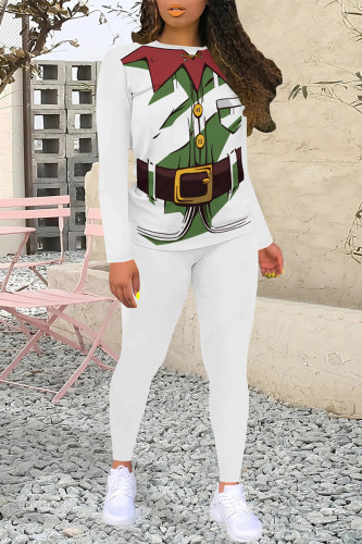 White Casual Party Santa Claus Print Contrast O Neck Long Sleeve Two Pieces