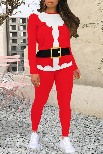 Black White Red Casual Wapiti Santa Claus Letter Print O Neck Long Sleeve Two Pieces