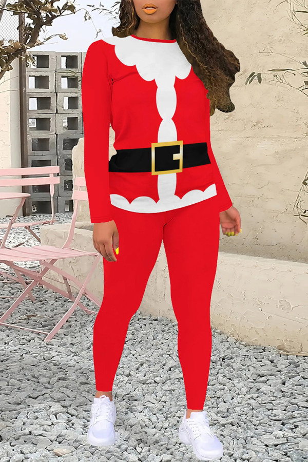 Black White Red Casual Wapiti Santa Claus Letter Print O Neck Long Sleeve Two Pieces