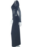 Black Sexy Formal Elegant Solid Color Hollow Out Patchwork Oblique Collar Long Dresses