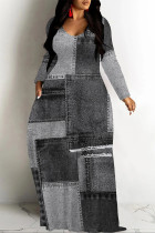Grey Casual Street Faux Denim Print Pocket Contrast V Neck Printed Dresses