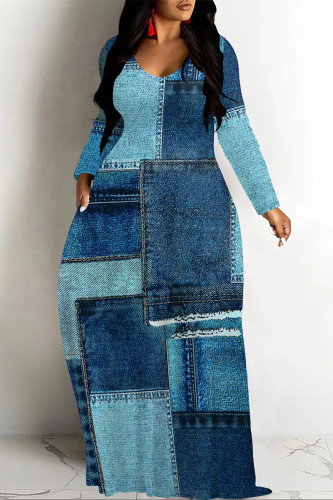 Blue Casual Street Faux Denim Print Pocket Contrast V Neck Printed Dresses