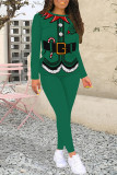 Red Green Casual Party Santa Claus Print Contrast O Neck Long Sleeve Two Pieces