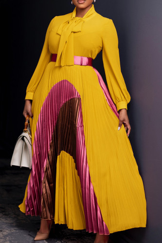 Yellow Elegant Print Patchwork With Belt Pleated Asymmetrical Collar Long Dresses